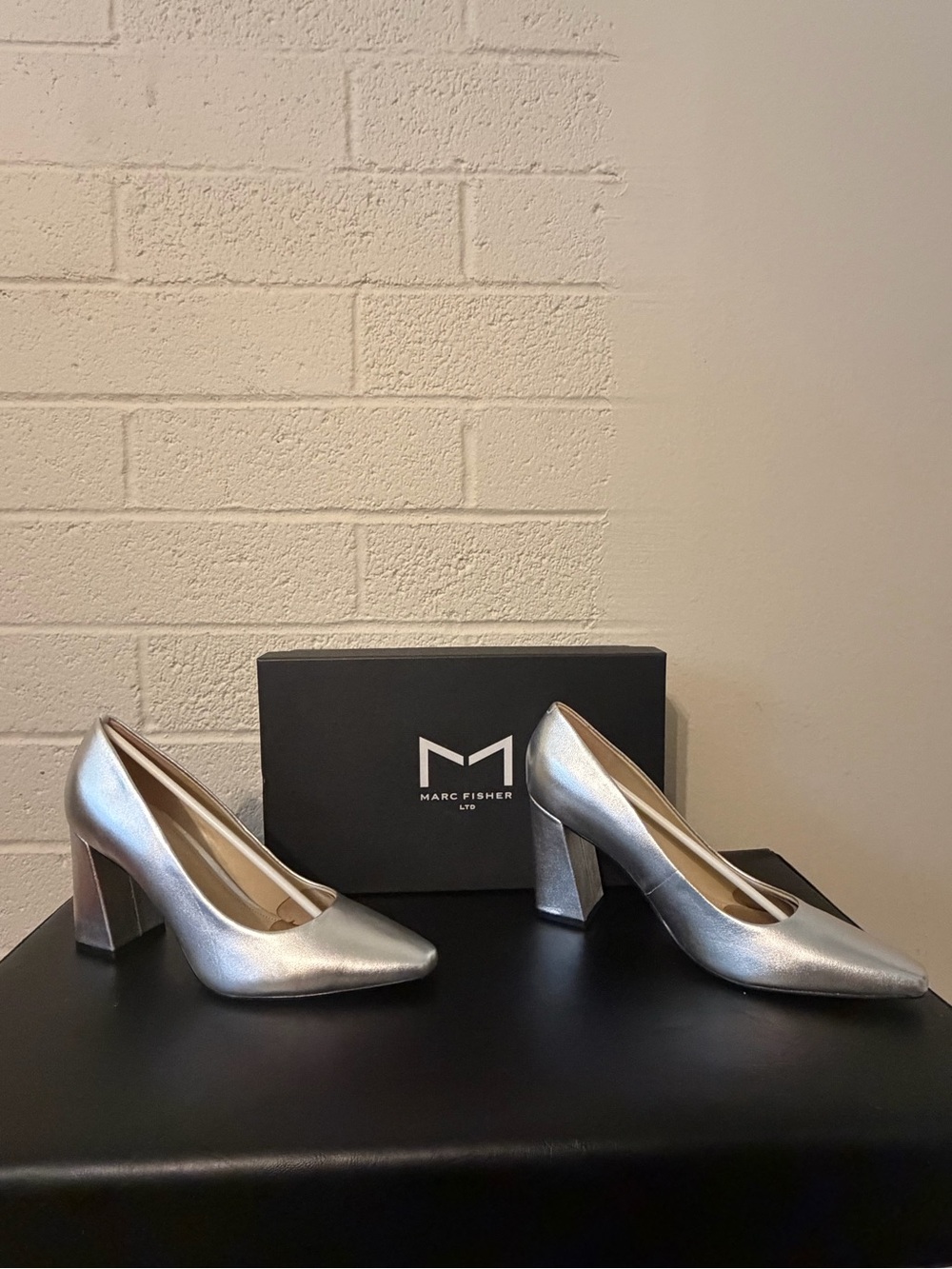 Marc Fisher Metallic Silver Block Heel Pumps